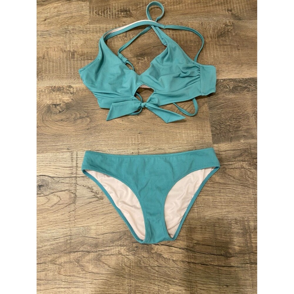 34c Women's Teal Ribbed Tie-Front Bikini Set